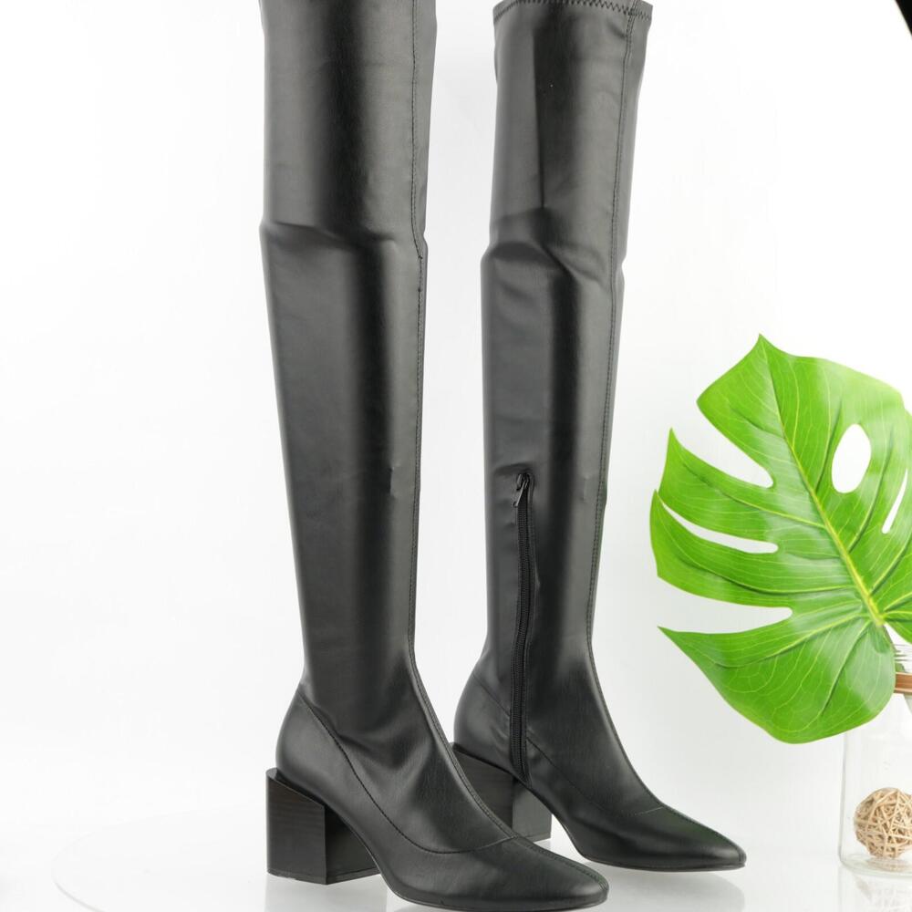 Zara Womens OTK Boots Size 38 7.5 Black Stretch Pull On Block Heel Pointed Vegan